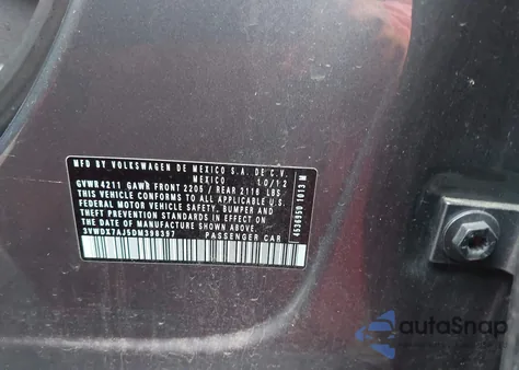 2013 Volkswagen Jetta 2.5L Se from USA, damaged, VIN 3VWDX7AJ5DM398397